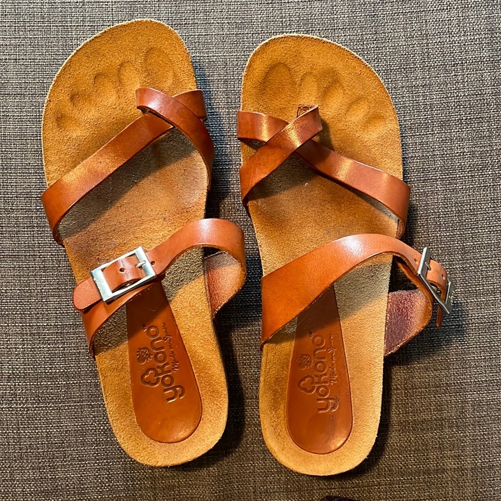 Yokono Cognac Leather Sandals, Rubber Cork-like Sole, Made in Spain